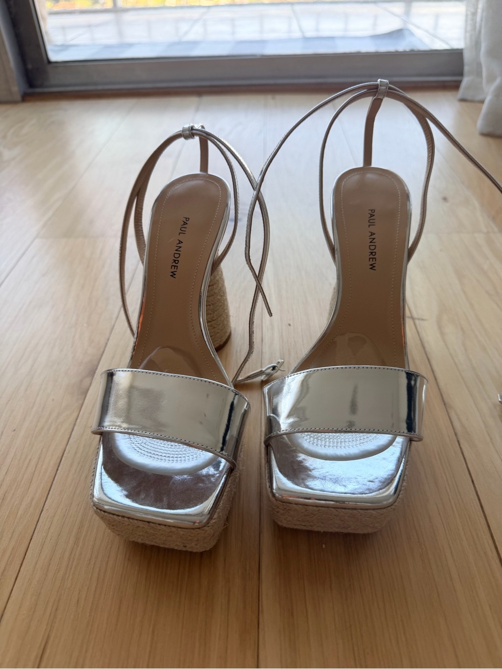 Paul Andrew Silver Metallic Square-Toe Ankle-Strap Sandal